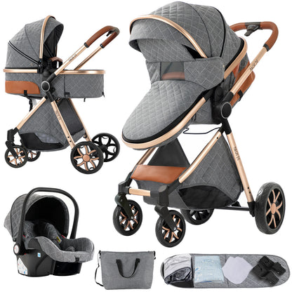 3-in-1 Kinderwagen – Wandelwagen – Buggy – Autostoel – Babykoets – Ash Grey – Lichtgewicht & Inklapbaar – Geschikt Voor Pasgeborenen Tot Peuters