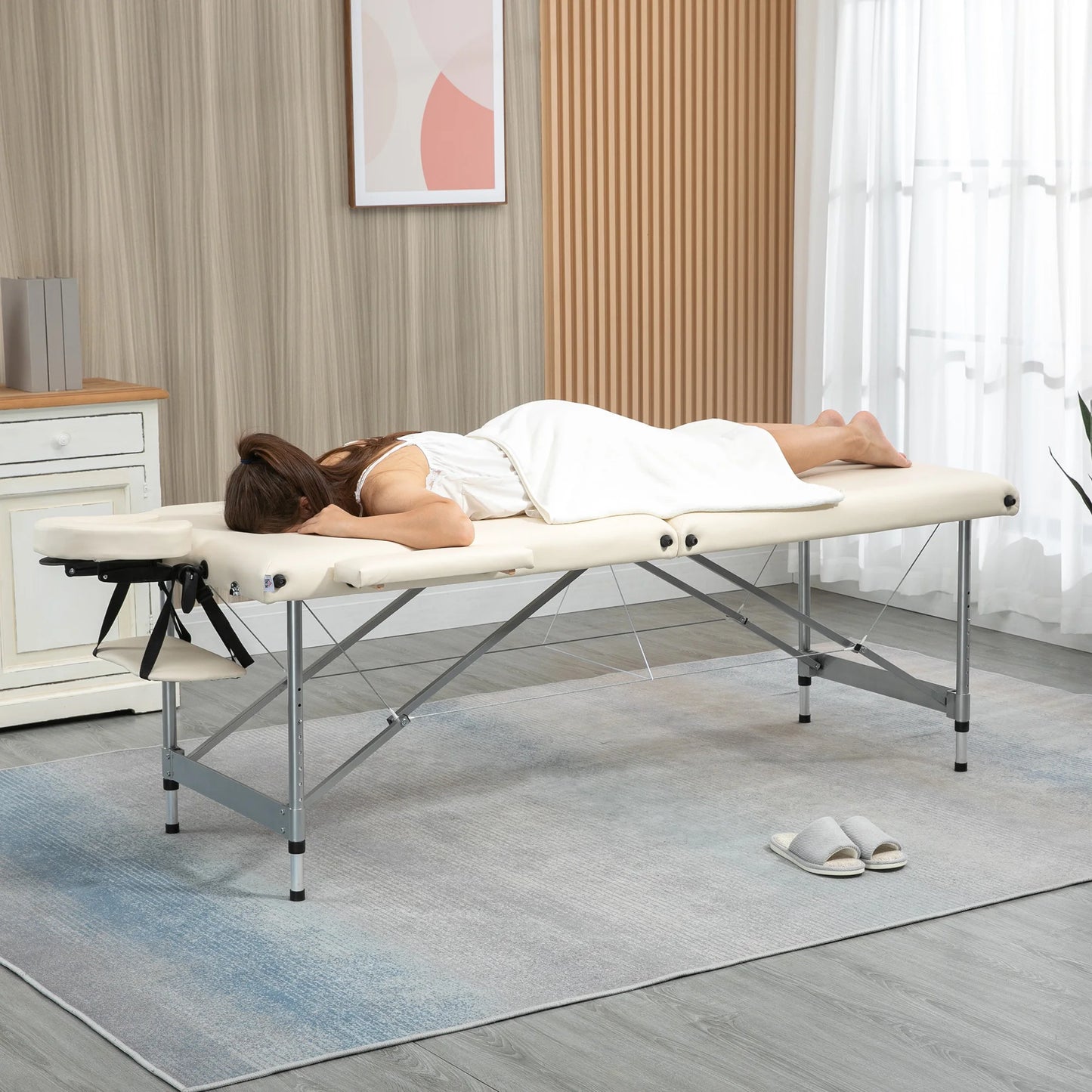 Massagetafel - Massagetafel Inklapbaar - Verstelbare Hoogte - 186x71x83cm - Aluminium Frame - Draagbaar - en Comfortabel - Dikke Kussen - Beige - QUORE