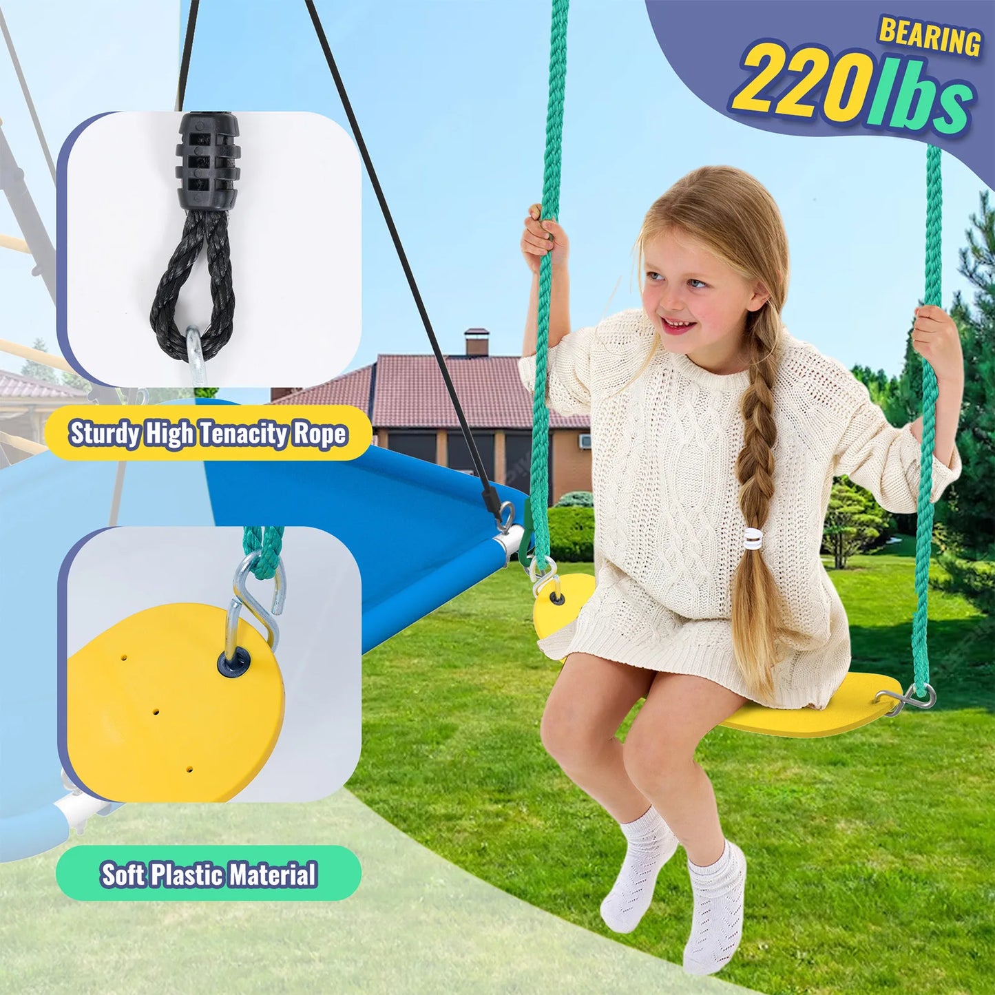 Blue Multi-Activity Swing Set with Climbing Frame, Basketball Hoop & 3-Seat Swings, Heavy-Duty Outdoor Playset for Backyard, Kid