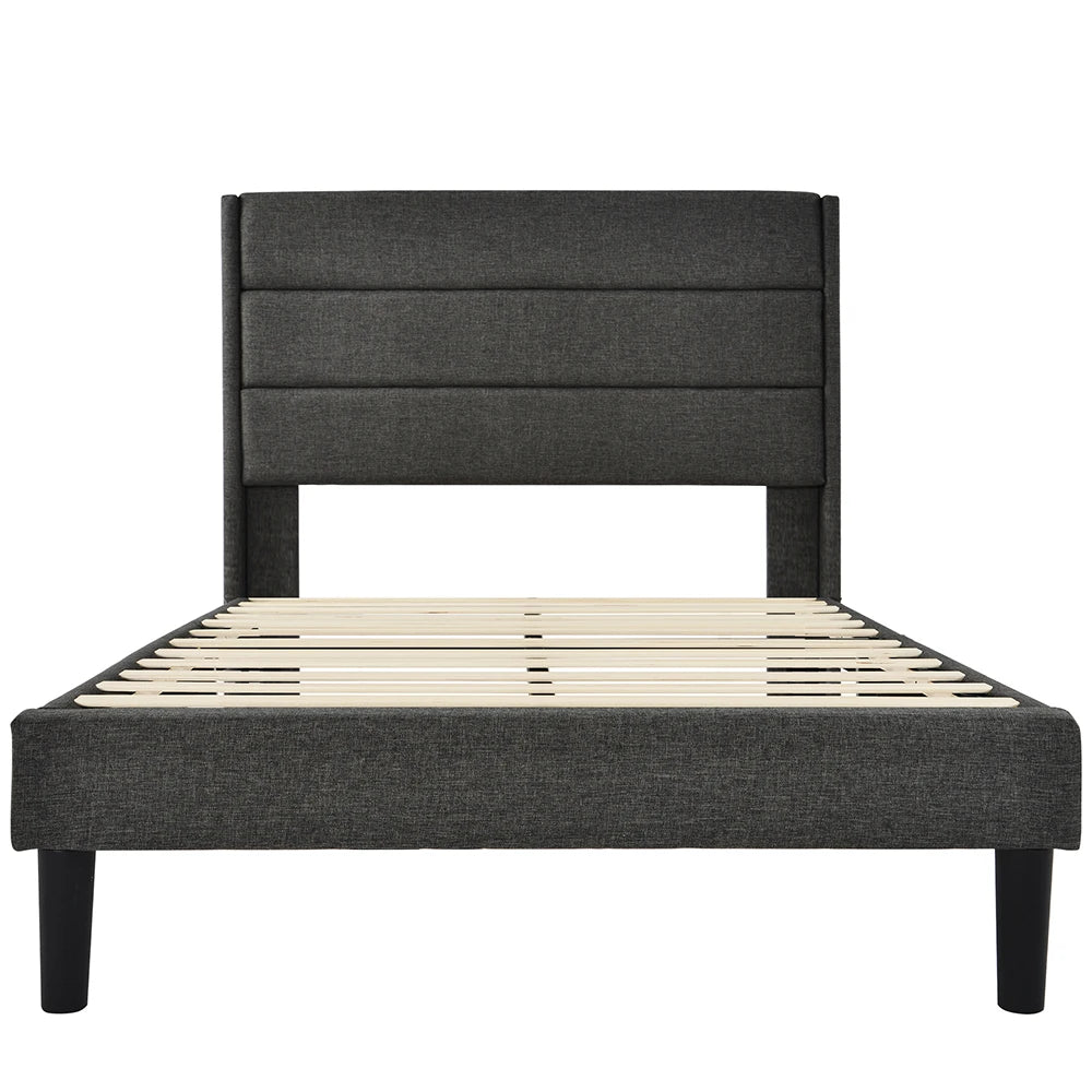 Bed 90x200 cm – Eenpersoonsbed – Slaapbank – Bedframe – Gestoffeerd Bed – Donkergrijs Linnen – Gestoffeerd Hoofdbord – Stevig Metalen Frame - QUORE