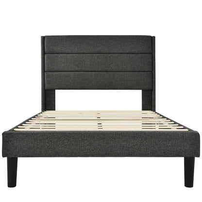 Bed 90x200 cm – Eenpersoonsbed – Slaapbank – Bedframe – Gestoffeerd Bed – Donkergrijs Linnen – Gestoffeerd Hoofdbord – Stevig Metalen Frame - QUORE
