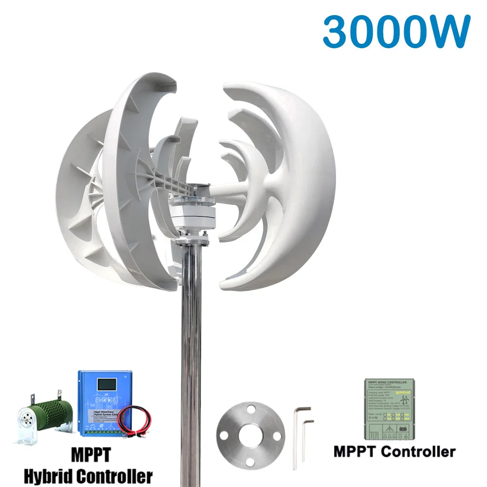 3000W 12V 24V 48V Wind Turbine Generator Lantern Vertical Axis Motor Kit With Solar Panels Battery 220V Inverter  Home System