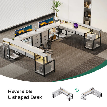 L-Vormig Bureau – Computerbureau – Gamersbureau – Werktafel – Hoekbureau – Slimme Led-Verlichting – Ruim Opbergmeubel – Wit – Groot Werkoppervlak – Ergonomische Monitorstandaard - QUORE