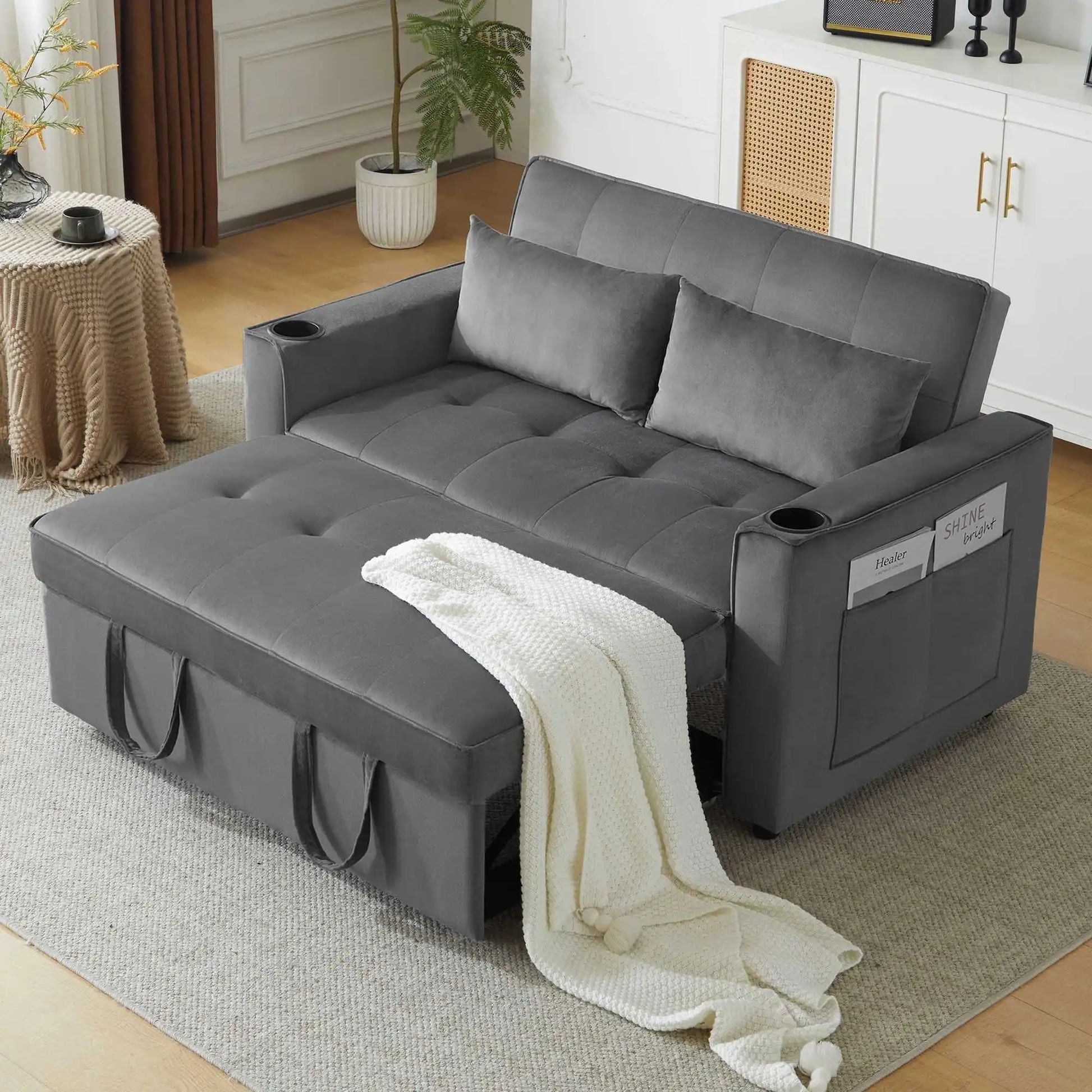 3-In-1 Velvet Slaapbank – Bedbank – Relaxstoel – Slaapbank Met Opbergruimte – Verstelbare Rugleuning – Massief Houtframe – Zachte Kussens - QUORE