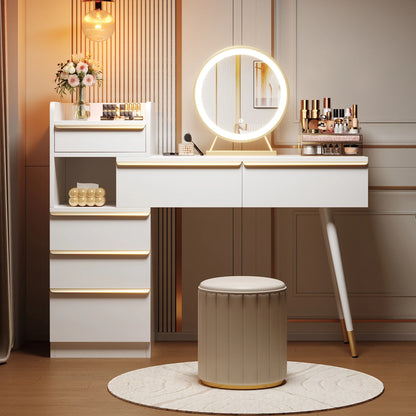 Make-Up Tafel – Make-Up Bureau – Beauty Tafel – Kaptafel – Uittrekbare Tafelblad – 6 Lades – LED-Spiegel Met 3 Lichtstanden