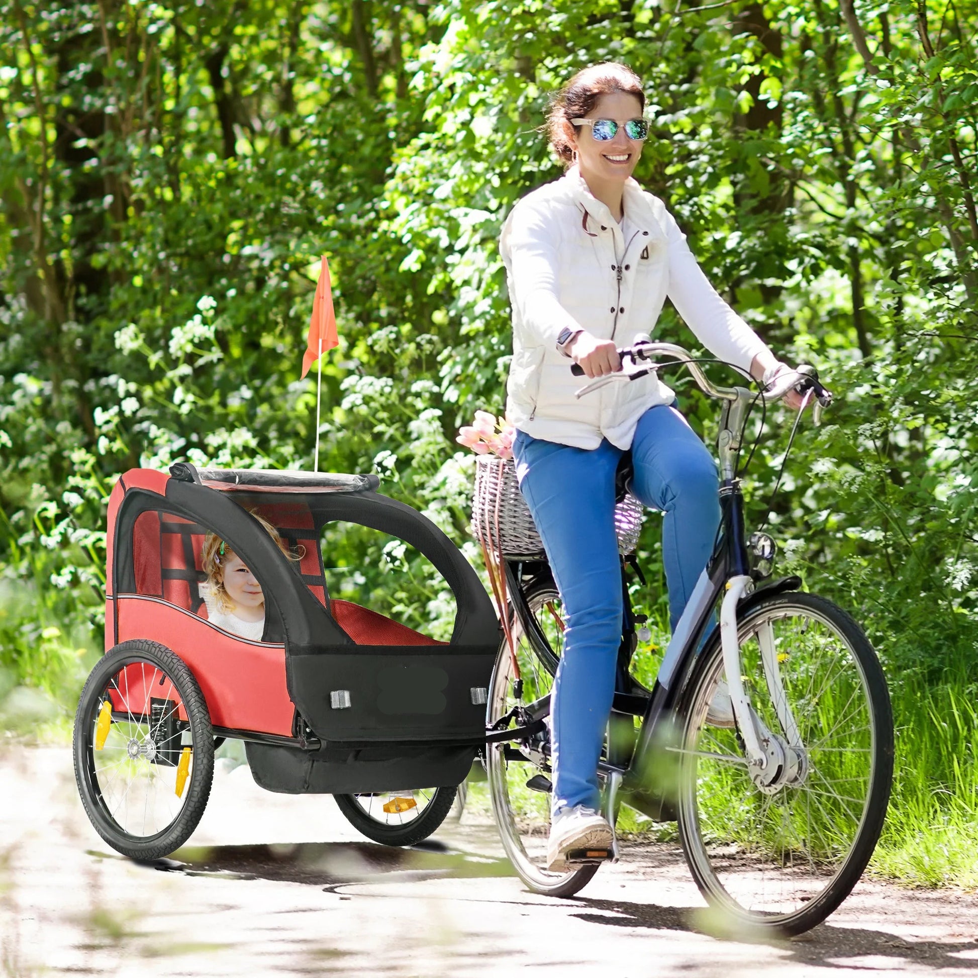 Fietskar voor Kinderen - Fietstrailer - Kinderfietskar - Fietsaanhanger - 2-Zits – 140x88x90 cm – Geschikt voor 18+ Maanden – Veilig & Comfortabel - Kids trailer voor twee personen - Rood - QUORE