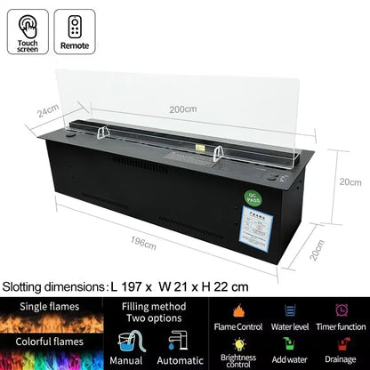 Inbouw Water Vuurplaats – Water Haard – Sfeervolle Vlammen – Mist Haard – Luchtbevochtiger – Ultrasonische Misttechnologie – LED Vlameffect – 2000mm Roestvrij Staal