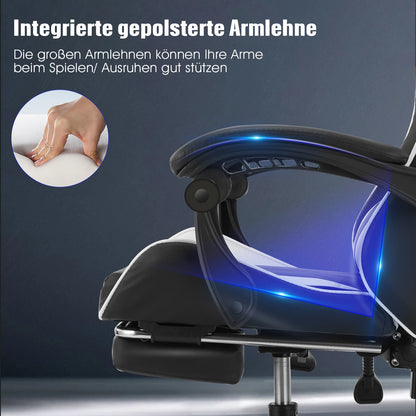 Gaming Stoel - Massage Gaming Stoel - Bureaustoel - Swivel Stoel - met Voetsteun - Hoofdsteun - Verstelbare - Rugleuning - 6-puntsmassage - Ergonomische - Draaibare - 59 x 68 - 115-125 - Zwart & Wit