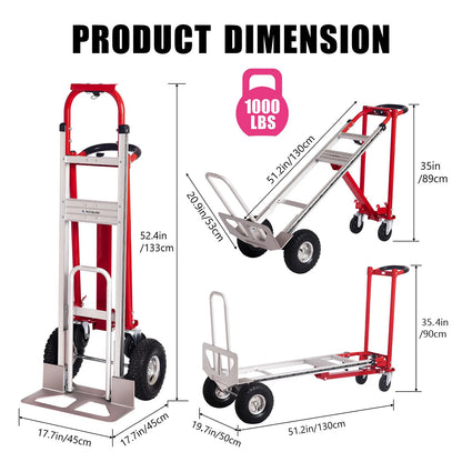 Steekwagen - Steekkar - Transportkar - Transportwagen - 3-in-1 Convertible Handtruck Dolly - 1000 lb Capaciteit - Telescopisch Frame – Non-Slip Wielen – Rood - QUORE