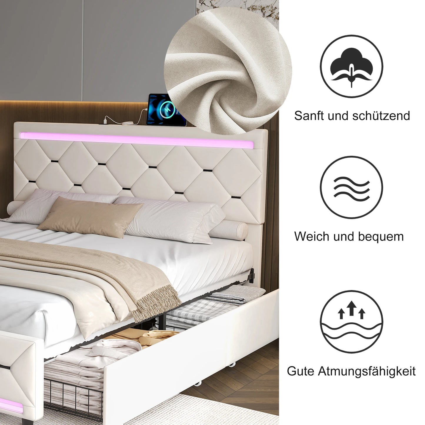 Tweepersoonsbed – Bed – Slaapbank – Opbergbed – Fluwelen Bed – 140x190 cm – Hydraulische Opbergruimte – Verstelbare LED-verlichting & USB-poorten