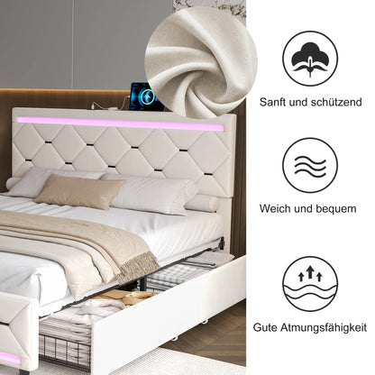 Tweepersoonsbed – Bed – Slaapbank – Opbergbed – Fluwelen Bed – 140x190 cm – Hydraulische Opbergruimte – Verstelbare LED-verlichting & USB-poorten