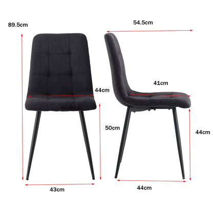 Eetkamerstoelen - Eetstoelen - Keukenstoelen - Set van 4 - Ergonomische - met Rugleuning - Voor Keuken - Eetgedeelte - Corduroy Stof - Metalen Poten - 43 x 44 x 99.5 cm - Zwart
