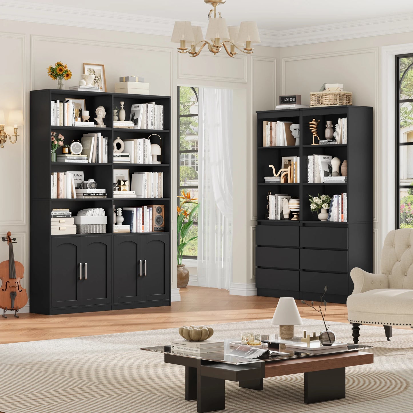 Hoge Boekenkast – Boekenkast – Opslagkast – Staande Kast – Opbergkast – 12 Vakken – 4 Deuren – Zwart – 115x27x185,5 cm – Duurzaam Materiaal