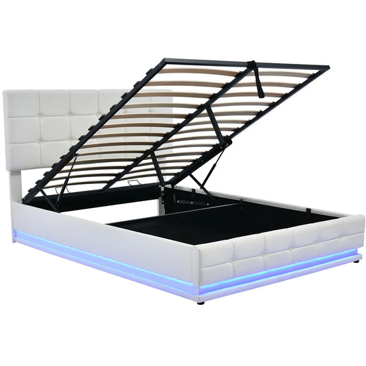 Led Bed – Tweepersoonsbed – Opbergbed – Gestoffeerd Bed – Sfeerverlichting – Hydraulisch Hefmechanisme – Hoog Draagvermogen - 140 x 200 cm