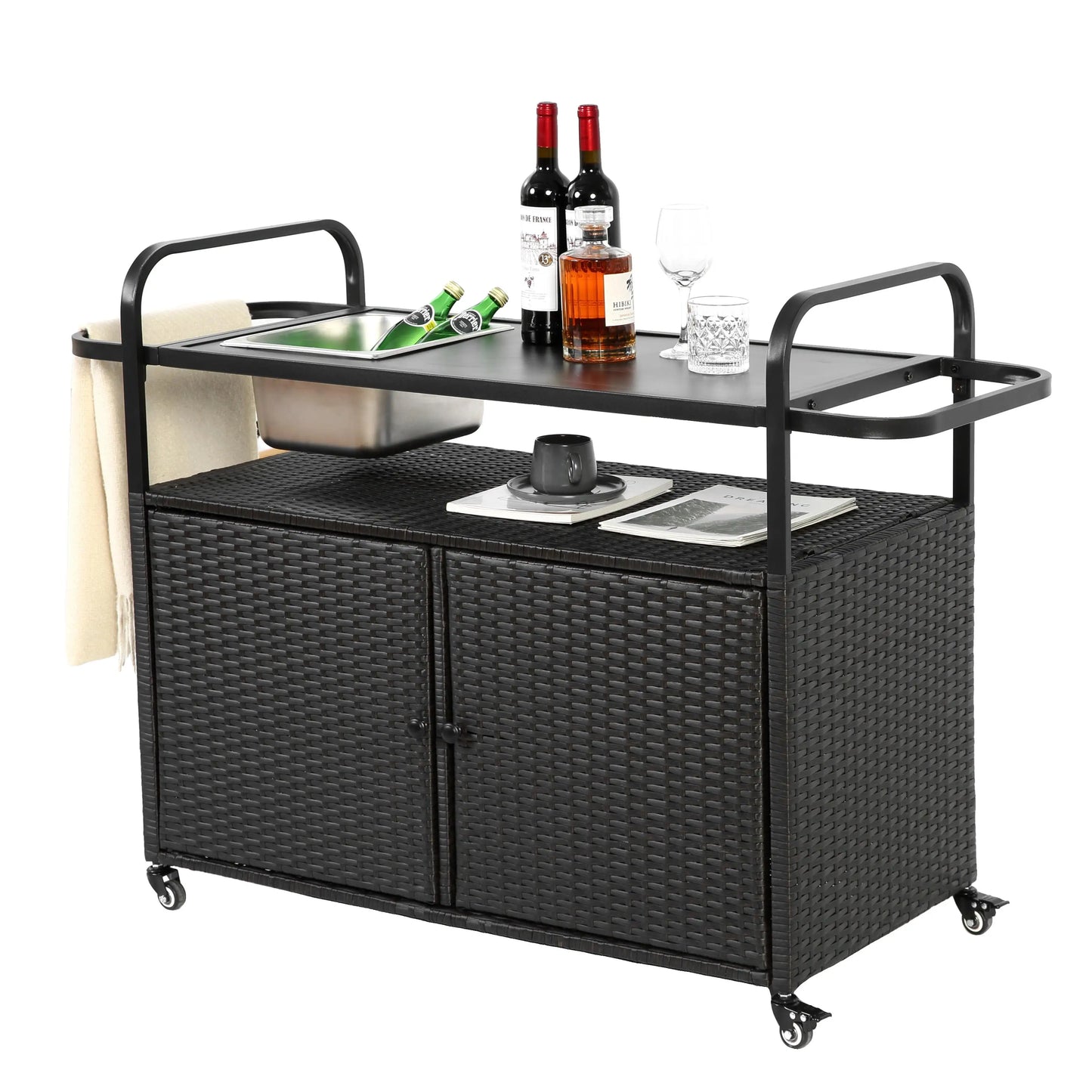 Mobiele Buitenbar – Buitentafel – Serveerwagen – Bar Op Wielen – PE-Rattan – Weerbestendig Frame – 70 Kg Draagkracht