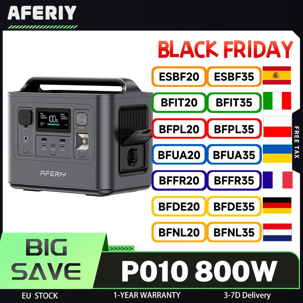 AFERIY P010 Portable Power Station, 800W 512Wh Outdoor Generator, 3500+ Cycles LiFePO₄ Battery, 8 Outputs, 1.5H Full Charge