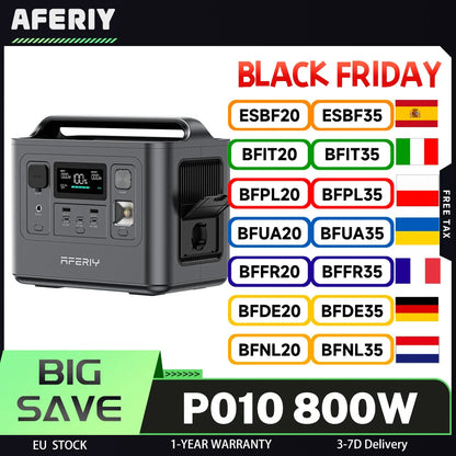 AFERIY P010 Portable Power Station, 800W 512Wh Outdoor Generator, 3500+ Cycles LiFePO₄ Battery, 8 Outputs, 1.5H Full Charge