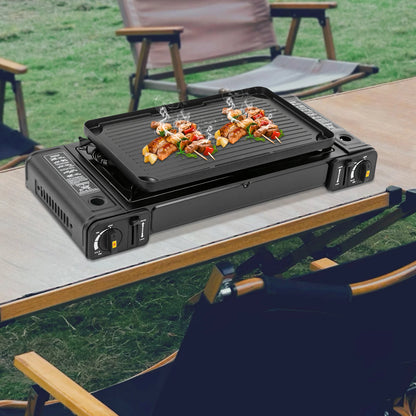 Tafel BBQ Gas – Camping Kooktoestel 2 Pitten – Draagbare Gasbrander met Draagkoffer – Verwijderbare Bakplaat – 64x28cm – Zwart