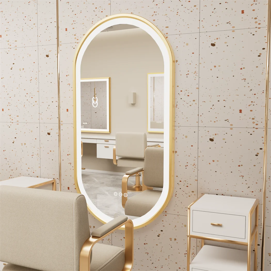 Badkamer Spiegel - Ovalen LED - Wandspiegel - Gouden Aluminium Frame - met Demister Pad - 3 Lichteffecten - 120X60cm