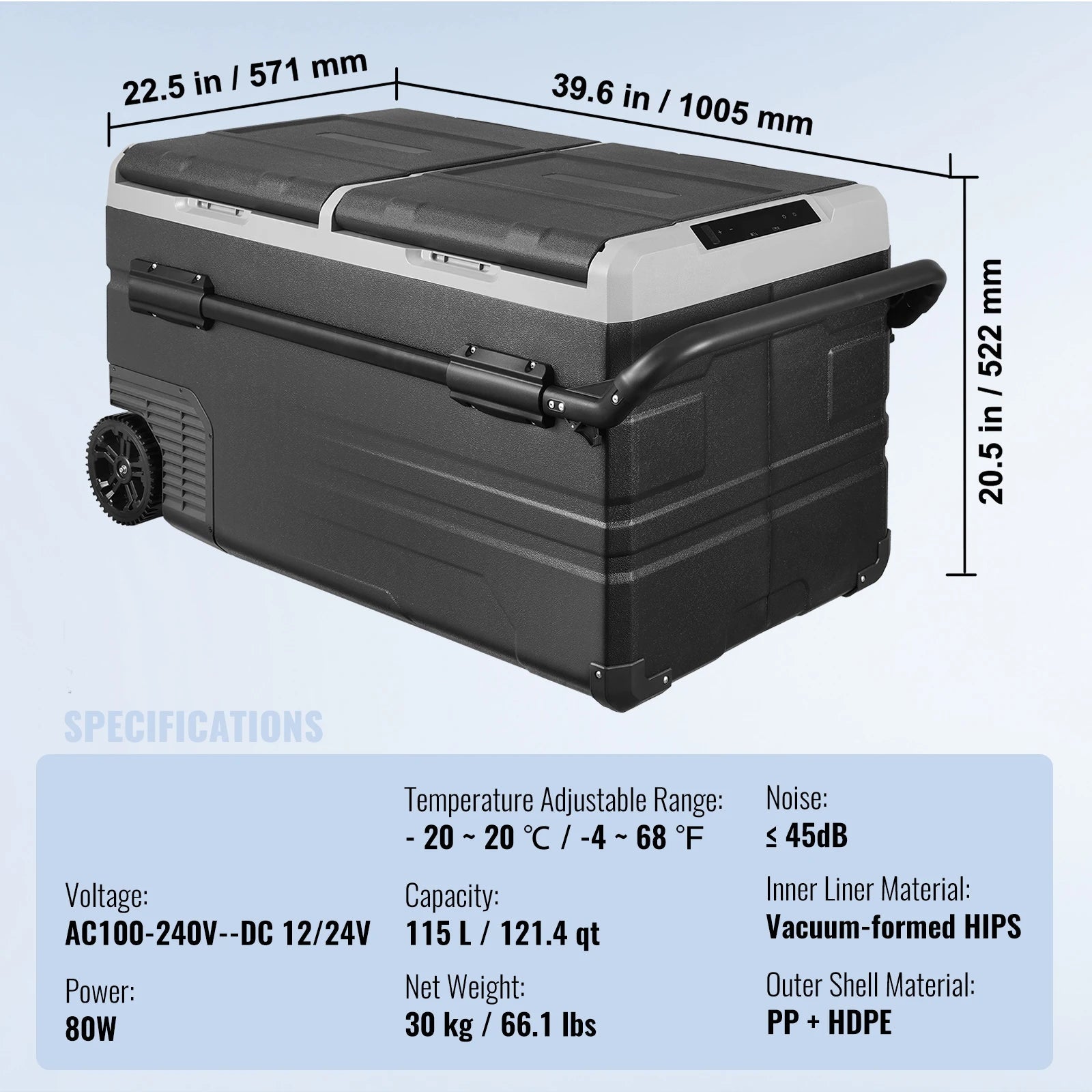 Draagbare Autokoelkast – Koelbox – Mobiele Koelkast – Camping Koelbox – Mini Frigo - 115L – Instelbare Temperatuur – Stil Geluid - QUORE