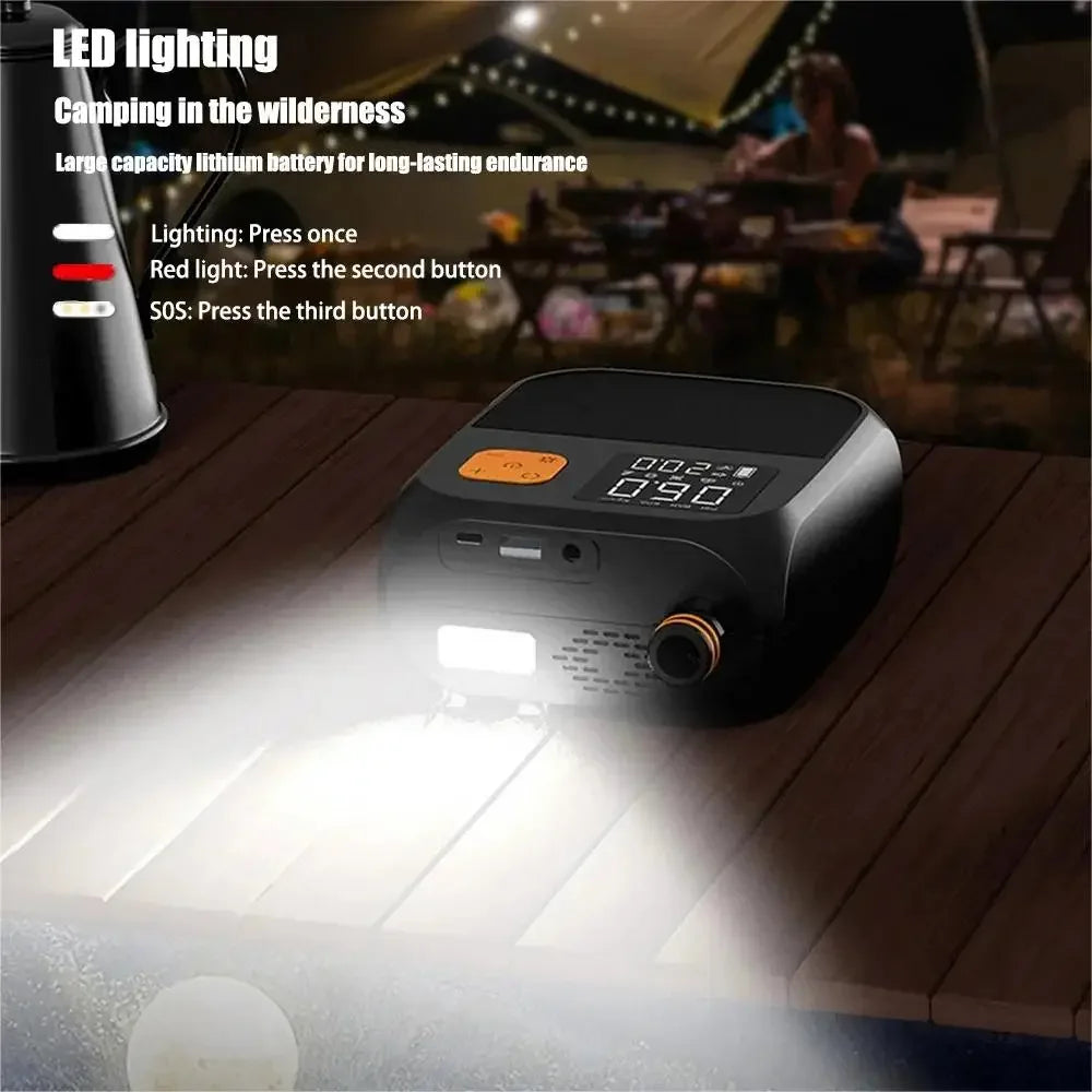 Luchtpomp - Luchtcompressor - Elektrische Fietspomp - Draagbare Digitale Elektrische Luchtpomp - 80W - Oplaadbare 8000mAh Batterij - LED Verlichting, Voor Opblaasmaterialen - Zwart - QUORE