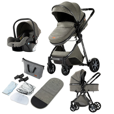 kinderwagen - 3 in 1 Draagbare Kinderwagen - Jogging buggy - Runner - Lichtgewicht kinderwagen - Baby kinderwagen - Kinderwagen - Reiskinderwagen voor pasgeboren baby - Hoog landschap - 3 stuks Buggy Kinderwagen - Diep Grijs