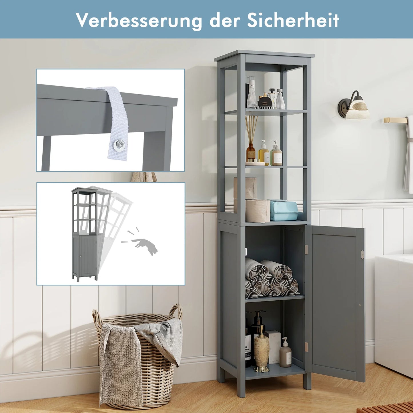 Hoge Kast met 5 Niveaus – Smalle Vrijstaande Badkamerkast met Verstelbare Planken & Deuren – Opbergkast voor Woonkamer of Badkamer – 40 x 32 x 160 cm – Grijs