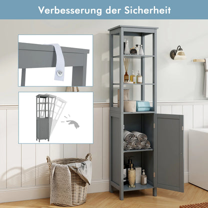 Hoge Kast met 5 Niveaus – Smalle Vrijstaande Badkamerkast met Verstelbare Planken & Deuren – Opbergkast voor Woonkamer of Badkamer – 40 x 32 x 160 cm – Grijs
