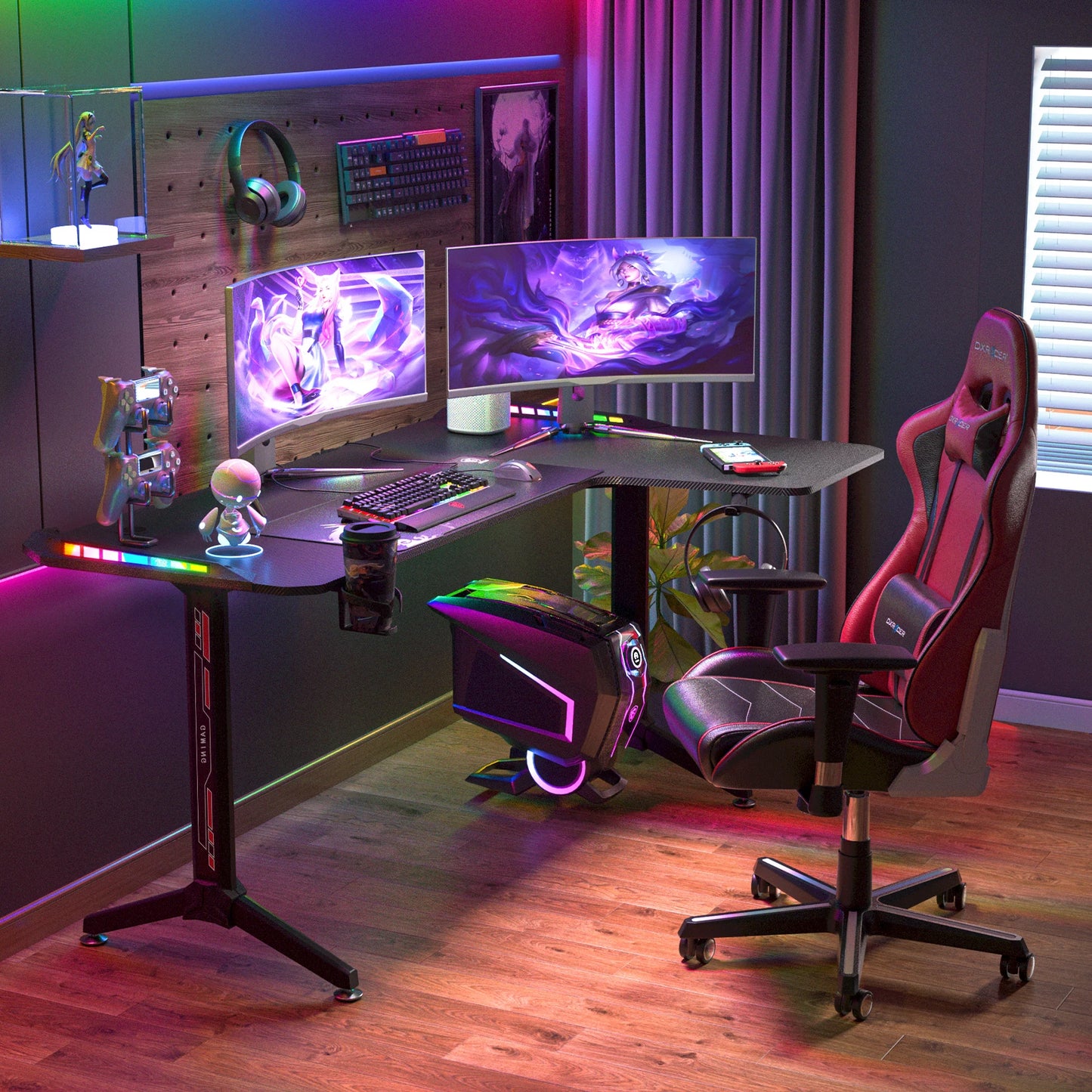 Gaming Bureau - Gaming Desk - Gaming Tafel - Computertafel - Computer bureau - XXXL Hoek Bureau – L-Vormig Computerbureau met RGB Verlichting, Bekerhouder & Koptelefoonhaak