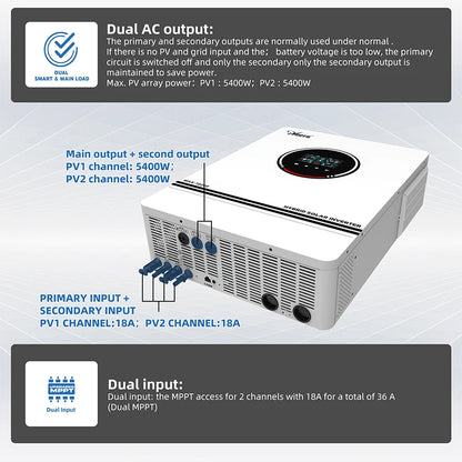 Hybride Zonne-Energie Omvormer – Zonne-Omvormer – Solar Inverter – Off-Grid Omvormer – Netgekoppelde Omvormer – 6,2 KW Vermogen – WiFi Monitoring - QUORE