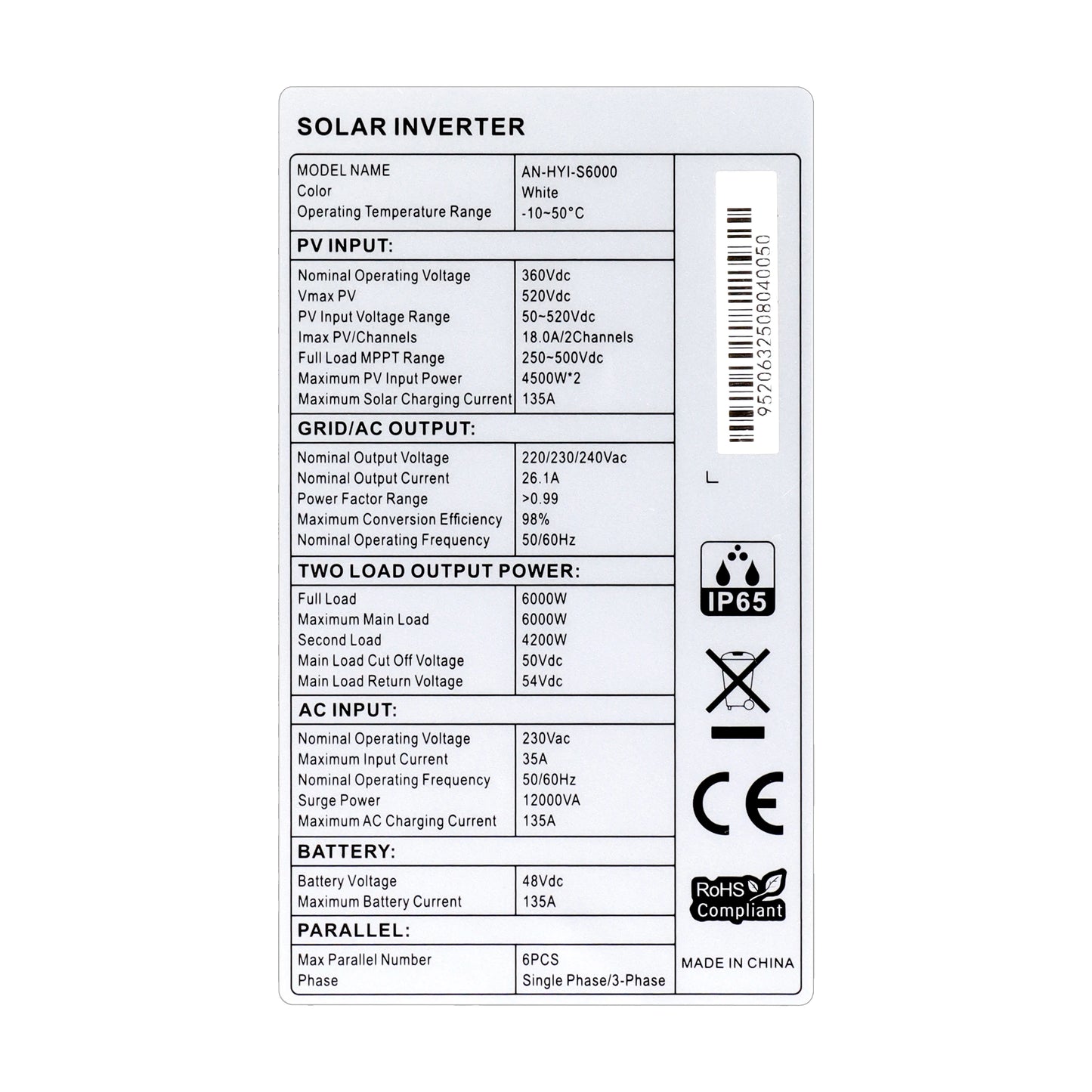 Hybride Zonne-omvormer – Zonne-inverter – PV Omvormer – Solar Converter – Wifi Versie – 6 kW Vermogen – IP65 Waterdicht