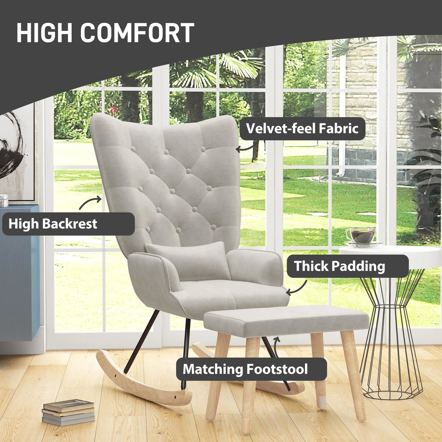 Relaxfauteuil – Relaxstoel – Schommelstoel – Fauteuil Met Voetenbank – Fluweel Crème – Rubberhout – Schommelende Beweging