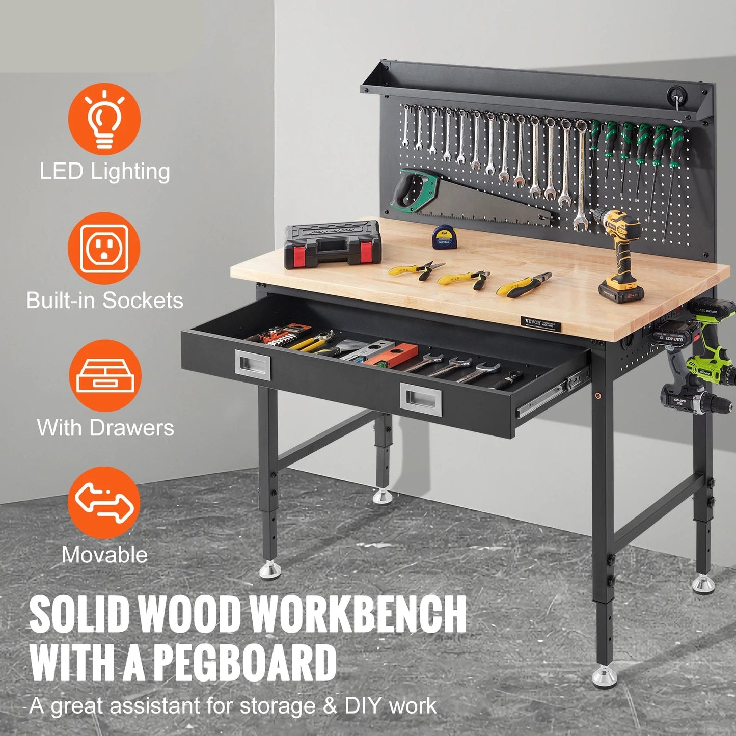 Werkbank – Werktafel – Klusbank – Hobbywerkbank – Massief Eikenhout Werkblad – Verstelbare Hoogte – 900 Kg Draagkracht
