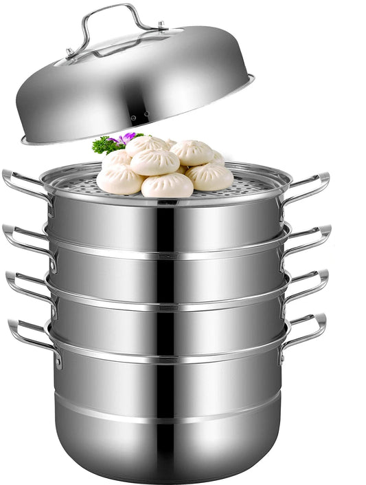 Stoompot - Voedsel Steamer - Pan met Deksel - 5 Lagen - 28CM - Stoompan van roestvrij staal - voor het koken van voedsel Stoompanset - Geschikt voor gas- en elektrische grillfornuizen - Zilver