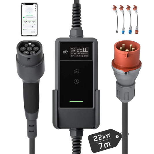 Draagbare EV Oplader – Mobiele Laadkabel – Elektrische Auto Lader – Snellader – Type 2 Laadkabel 7m Met 4 Adapters – 22kW 32A 3-Fase – IP66 Waterdicht