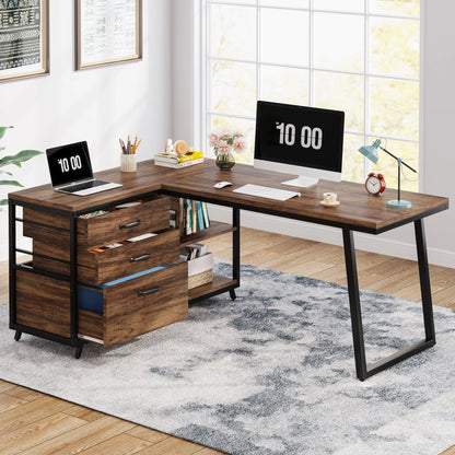 Bureau - Game Bureau - Hoekbureau - Gaming Bureau - 3 Lades - 53 Inch - L-Vormig Bureau - Reversibel Ontwerp - Computertafel - Industrieel Kantoormeubilair - Chocolade Afwerking