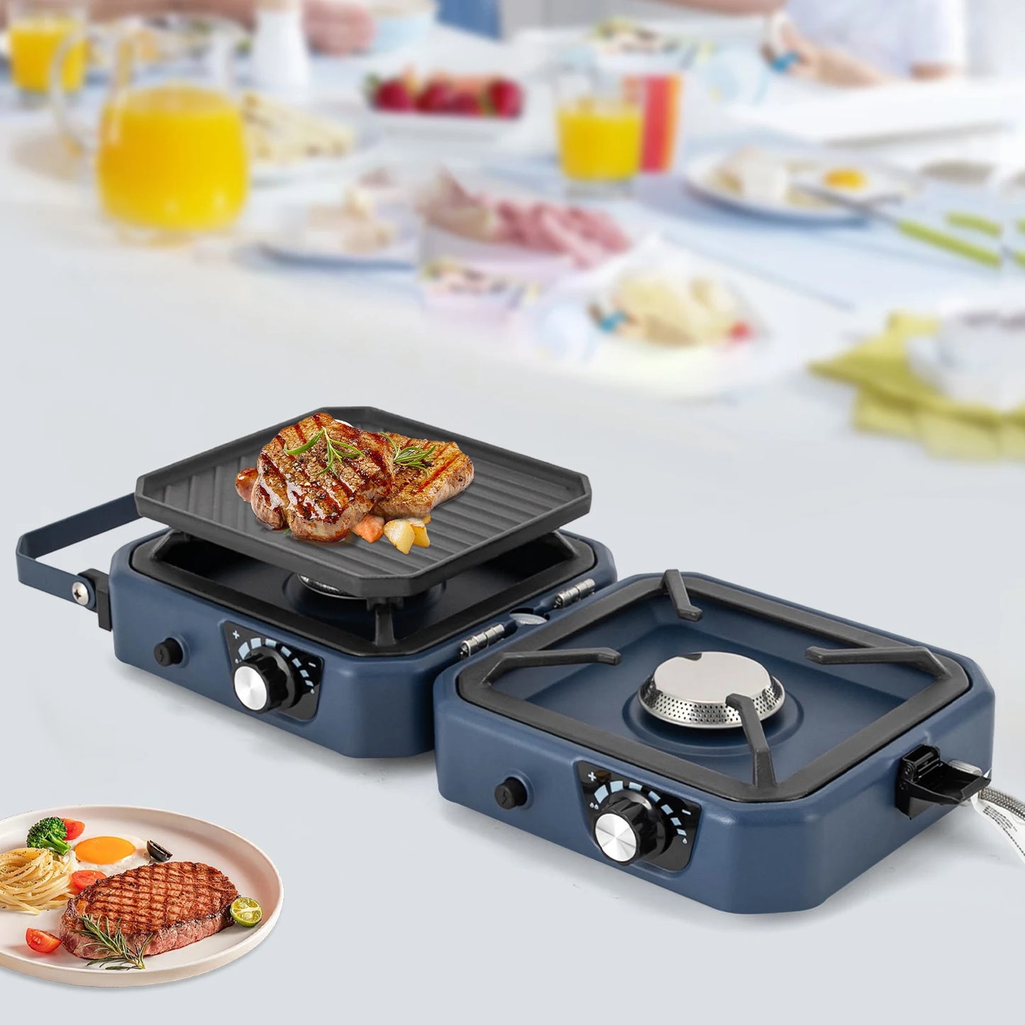 Kooktoestel - Gasstel - Campinggasfornuis - Campingmeubelen - 2-in-1 - met Grillplaat - 2 Branders - Inklapbaar - Draagbaar -  voor Buitenactiviteiten - Kamperen - Noodsituatie - 53.8 x 6.9 cm - Blauw