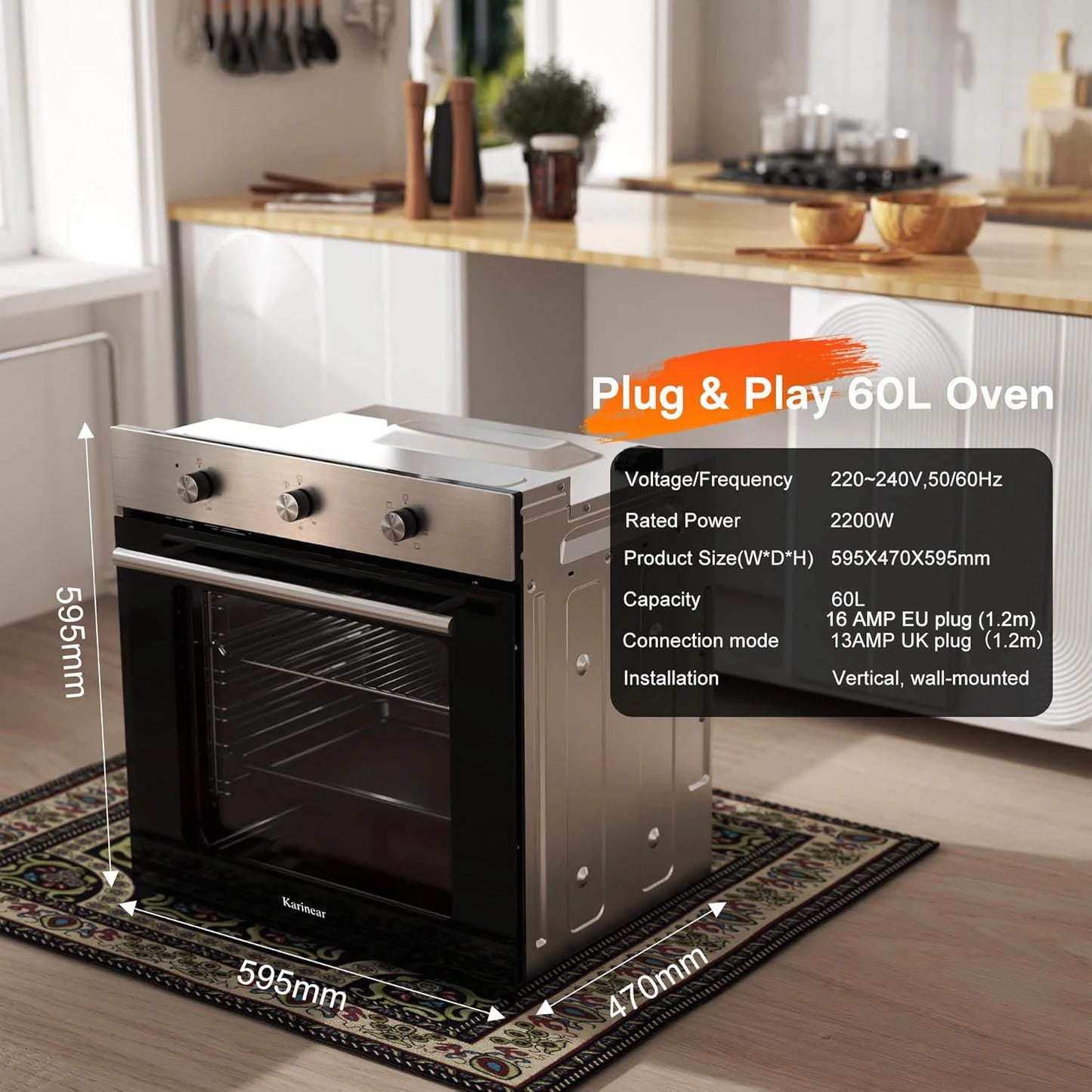 Elektrische Oven - Inbouw Oven - Vrijstaande Oven - Pizzaoven - Heteluchtoven - Oven - 2200W - 60L - Timer - Mechanische Bediening - 3 Draaiknoppen - Zwart