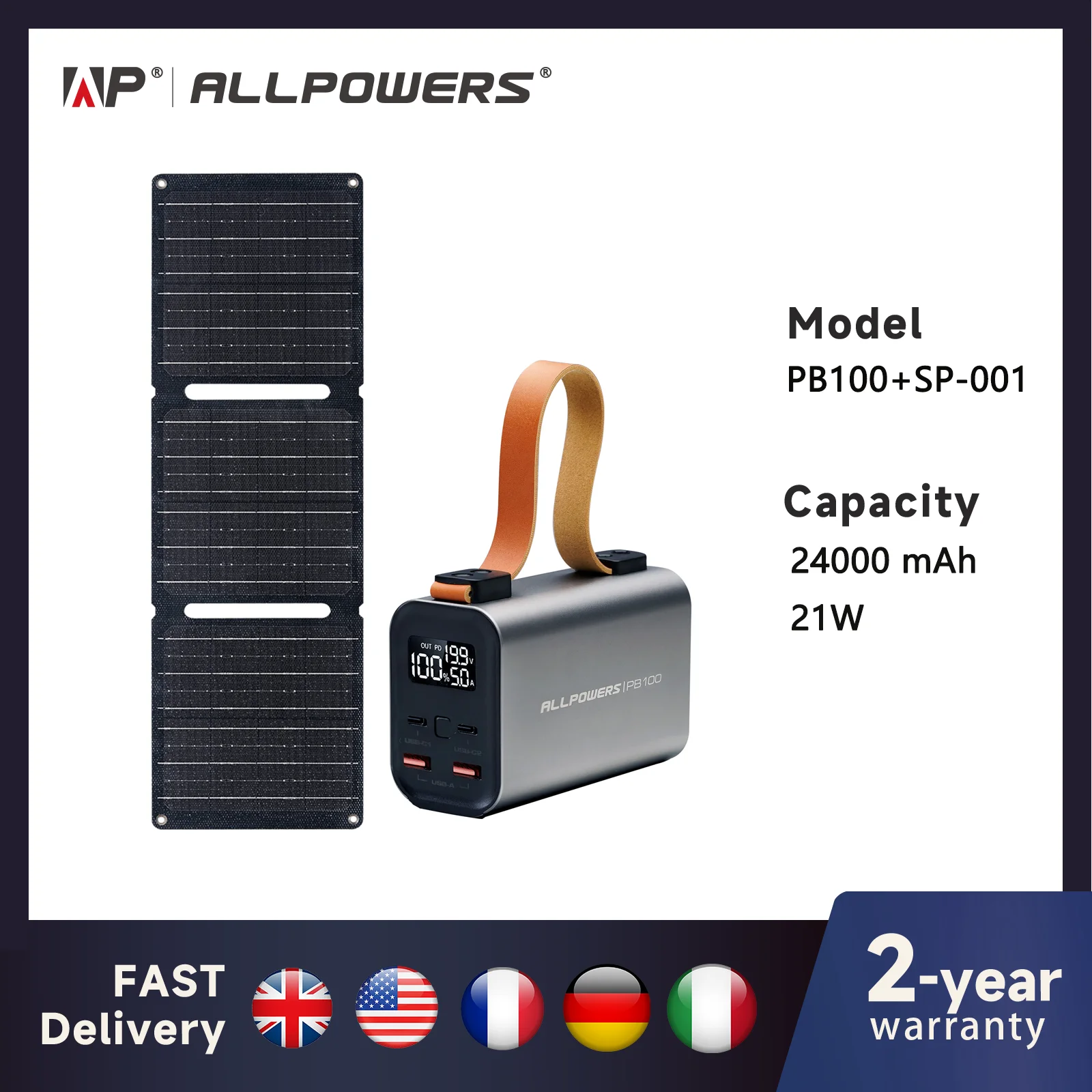 ALLPOWERS Power Bank PB 100W Fast Charging Powerbank with 21W Solar Panel Portable Battery Charger For Laptop Phone Camping - QUORE
