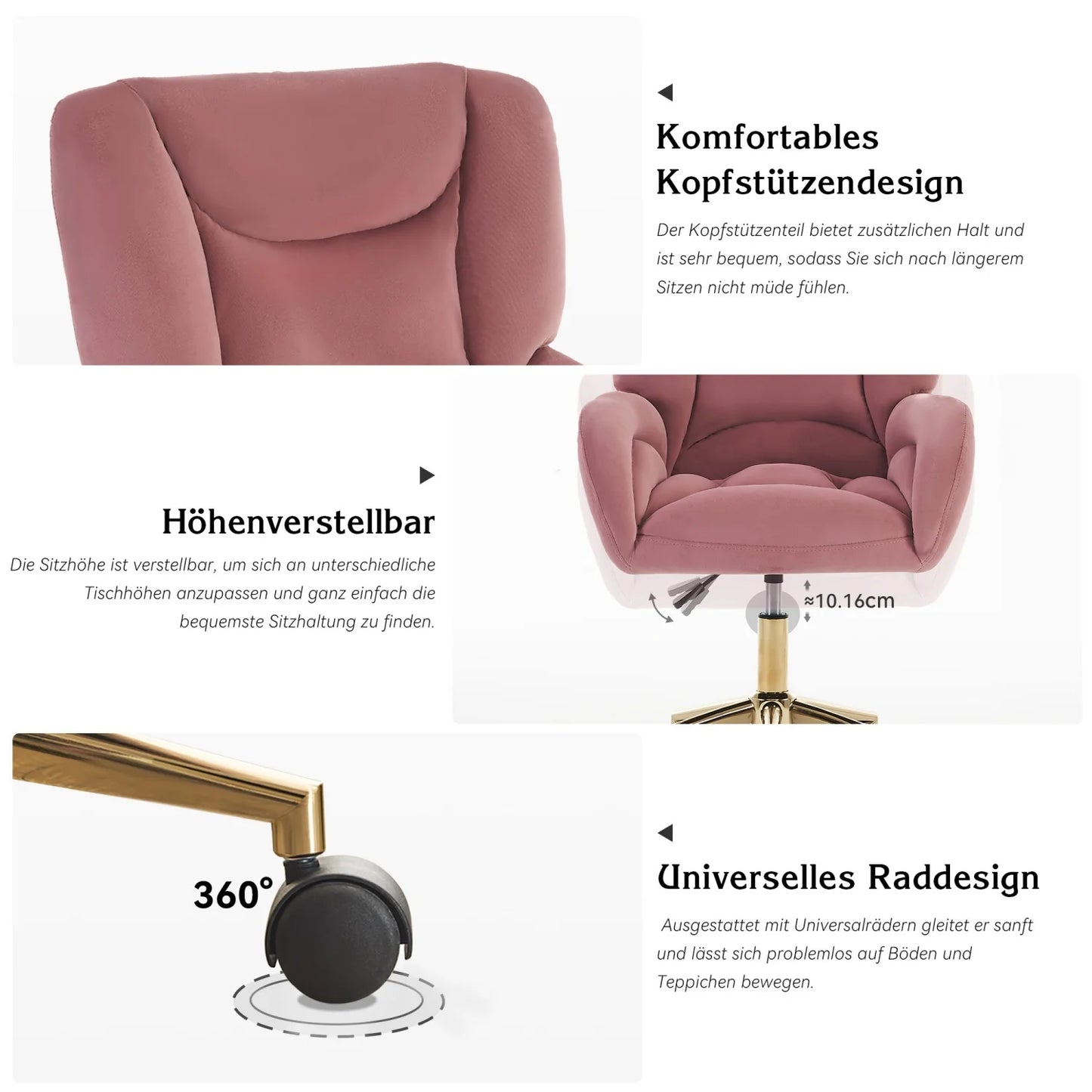 Bureaustoel – Velvet Stoel – Thuiswerkstoel – Kantoorstoel – Roze Bekleding – Gouden Metalen Poten – Ergonomische Rugleuning