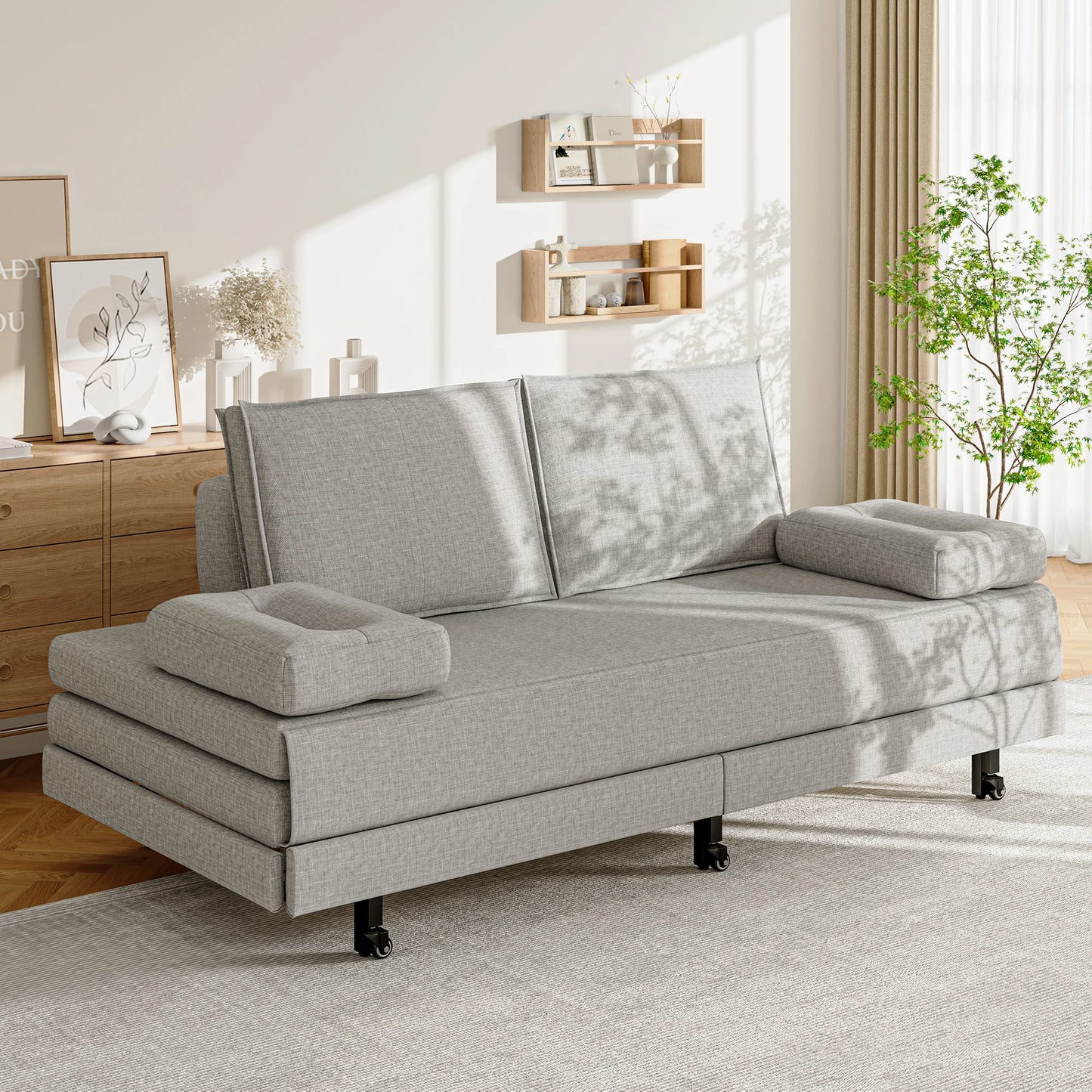 2-Zits Slaapbank – Slaapsofa – Bedbank – Sleeperbank – Bankbed – Grijs Linnen – Uittrekbaar 180x200 cm – Met Houten Lattenbodem & Wieltjes