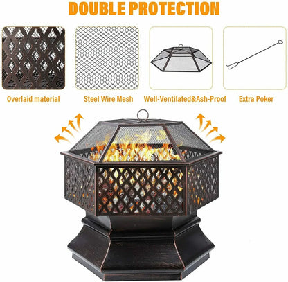 Vuurkorf – Tuinverwarmer – Barbecue – Kampvuurkorf – Hexagonaal – Hittebestendig Staal – Groot Grilloppervlak 69x69cm - QUORE