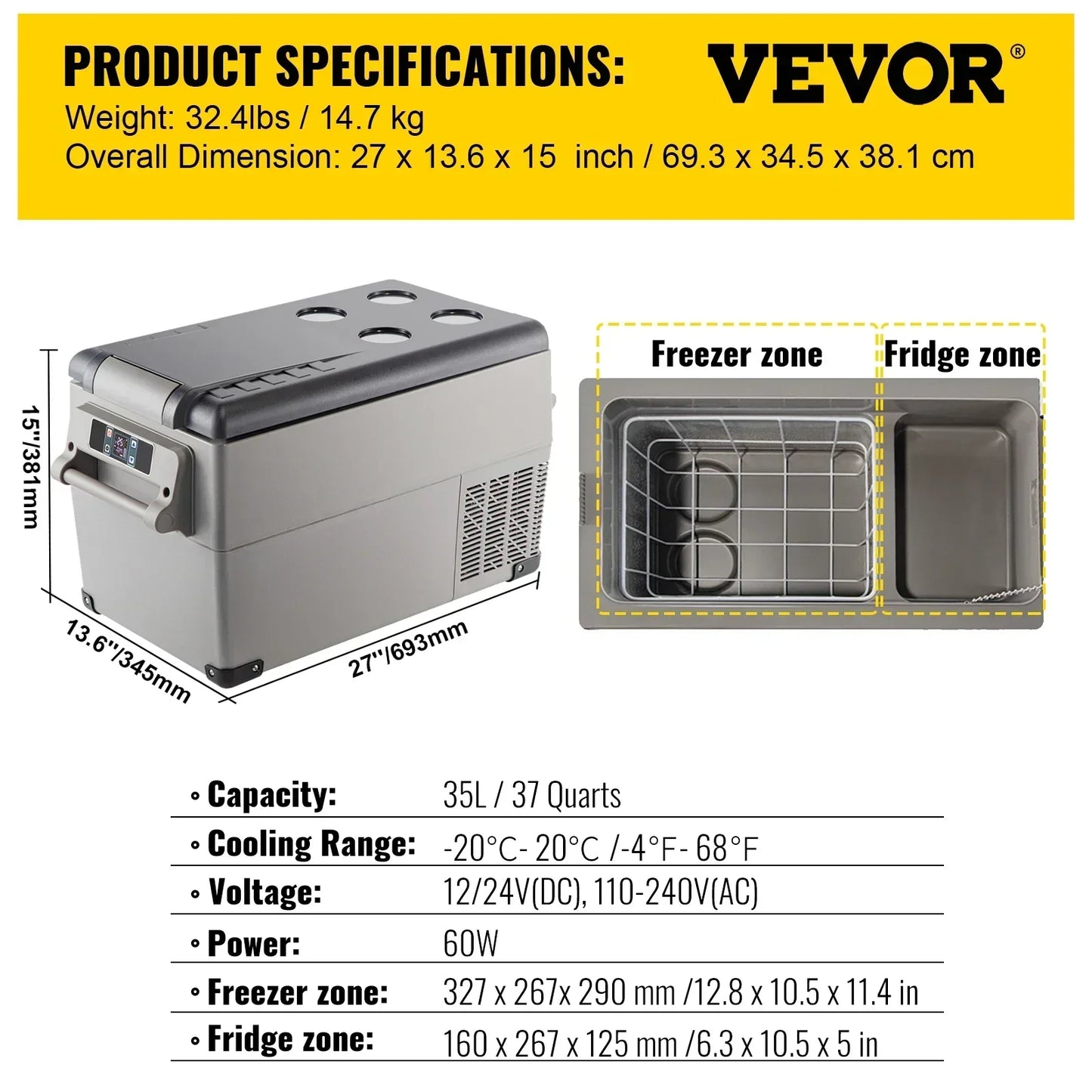 VEVOR 15-50L Car Refrigerator, 12V Car Fridge, -4℉-50℉ Adjustable Range,12/24V DC and 100-240V AC Compressor Cooler for Outdoor
