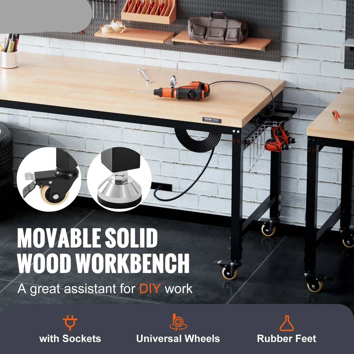 Verstelbare Werkbank - Werktafel - Industriële Werkbank - Garage Werkbank - met Wielen - 48x24inch - 2000lbs - Hoogte Verstelbaar - Houten Werktafel - Met Stopcontacten & Opberghaakjes – Mobiele Werktafel - voor Garage - Werkplaats