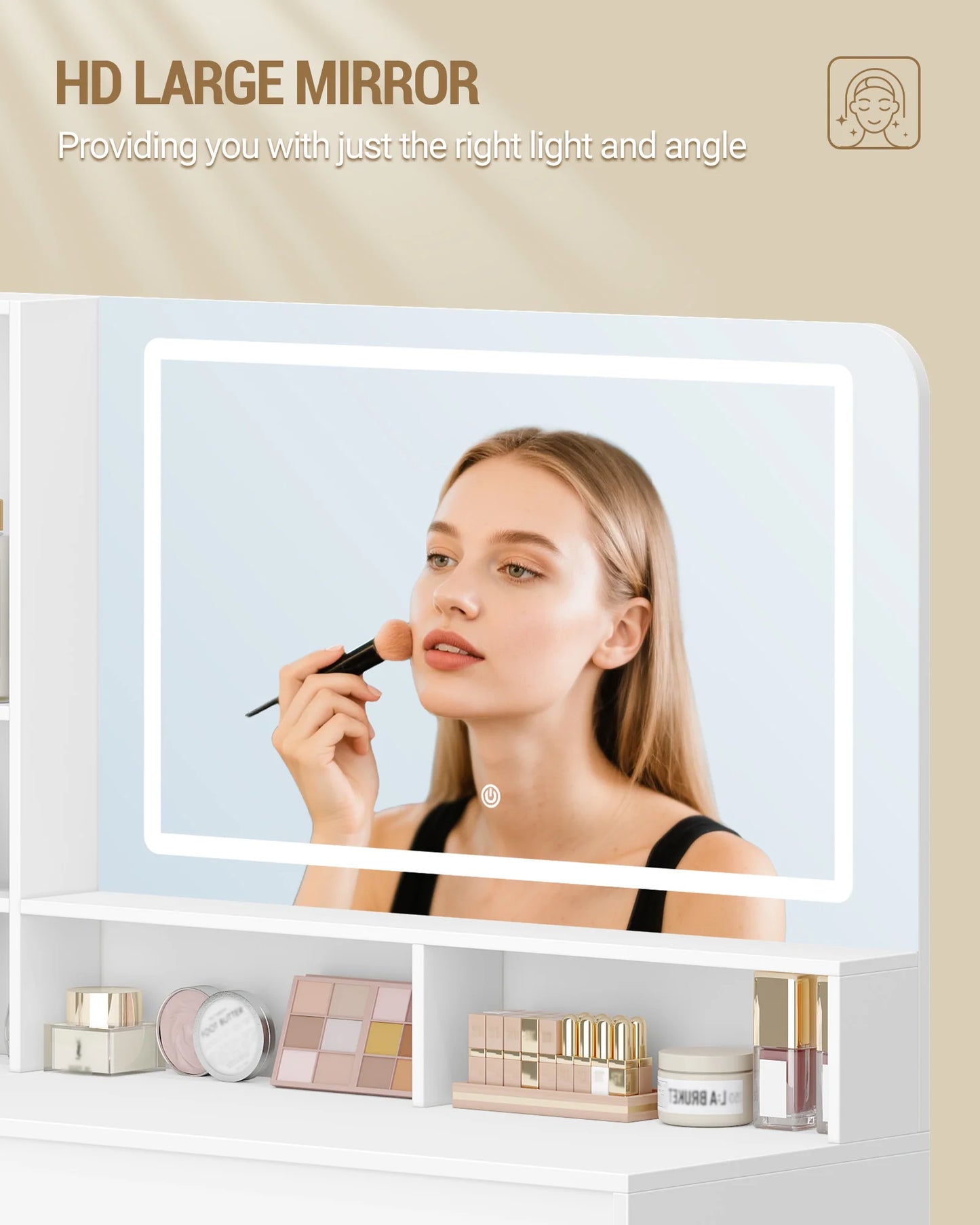 Make-up tafel – hoektoilet – kaptafel – beautytafel – make-up bureau – wit – verstelbare LED-verlichting – ruime opbergladen - QUORE
