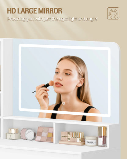 Make-up tafel – hoektoilet – kaptafel – beautytafel – make-up bureau – wit – verstelbare LED-verlichting – ruime opbergladen - QUORE