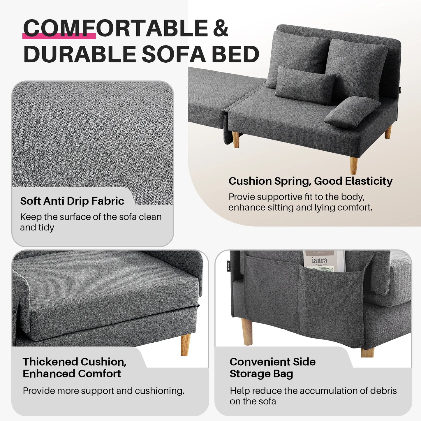 Slaapbank – Bedbank – Ligbank – Zetelbed – Compact Ontwerp – Stevig Houten Frame – Comfortabel Schuimkussen - Grijs - QUORE