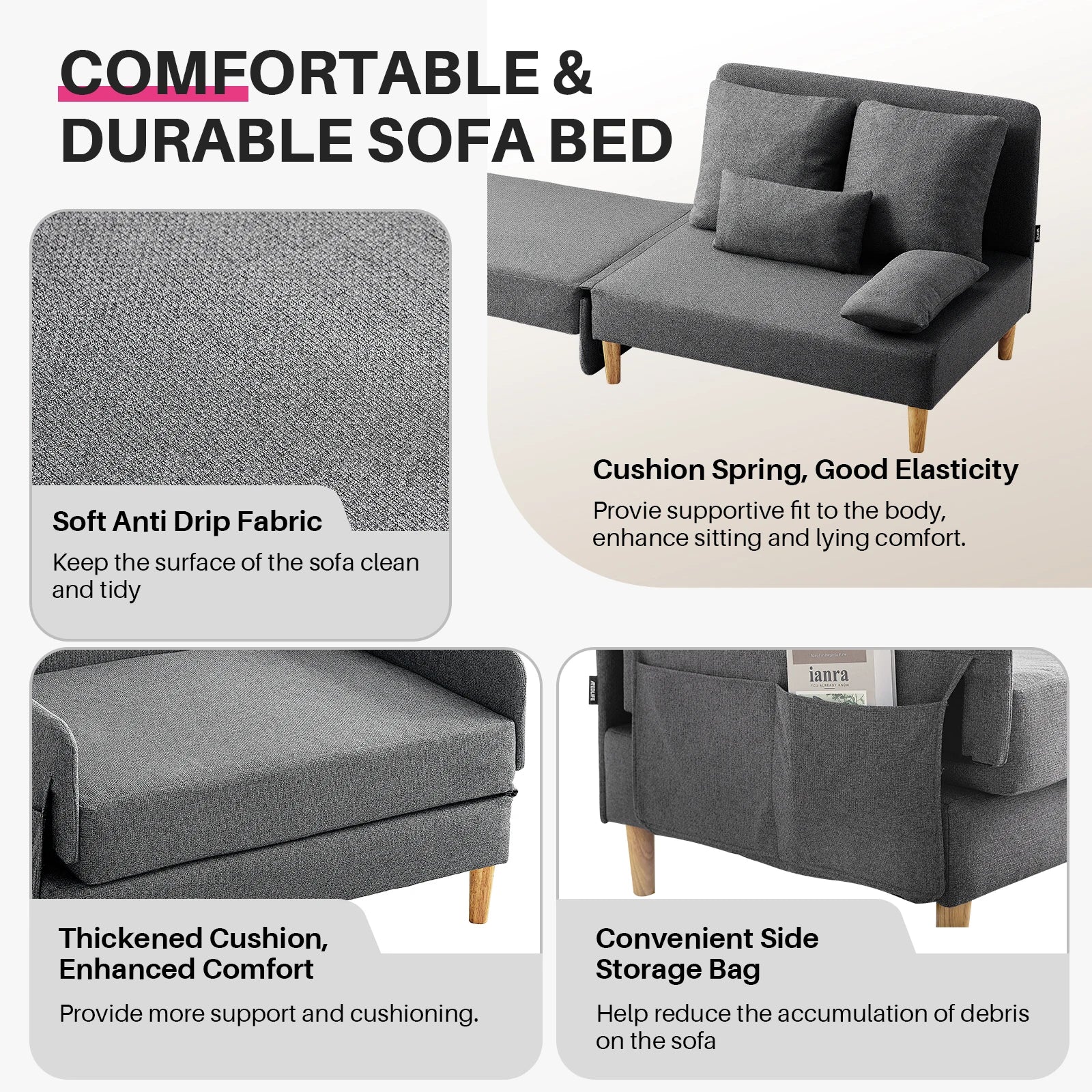 Slaapbank – Bedbank – Ligbank – Zetelbed – Compact Ontwerp – Stevig Houten Frame – Comfortabel Schuimkussen - Grijs - QUORE