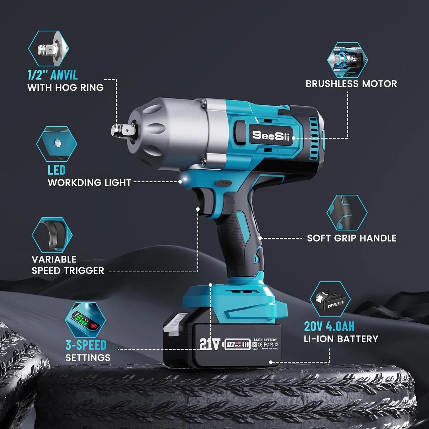Elektrische Slagschroevendraaier – Slagmoersleutel – Accuschroevendraaier – Draadloze Schroevendraaier – Impact Wrench – 900 Nm Koppel – 2x21V Lithium-Ion Batterij – Geïntegreerde LED-Verlichting