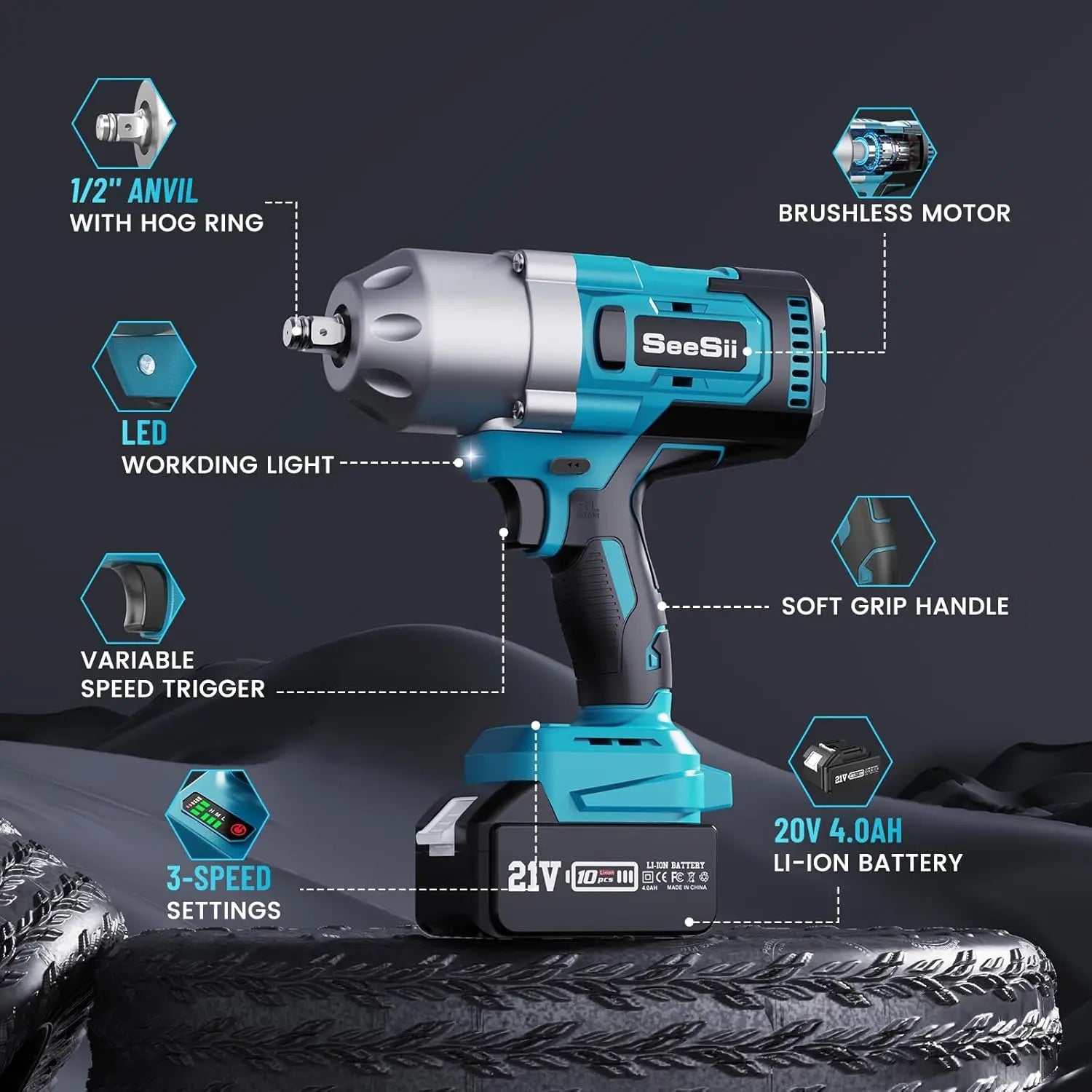 SeeSii Brushless Electric Wrench Dirll 1300N.m Cordless Impact Gun High Torque Gun 1/2'' For Car Repair Power Tools for Makita - QUORE
